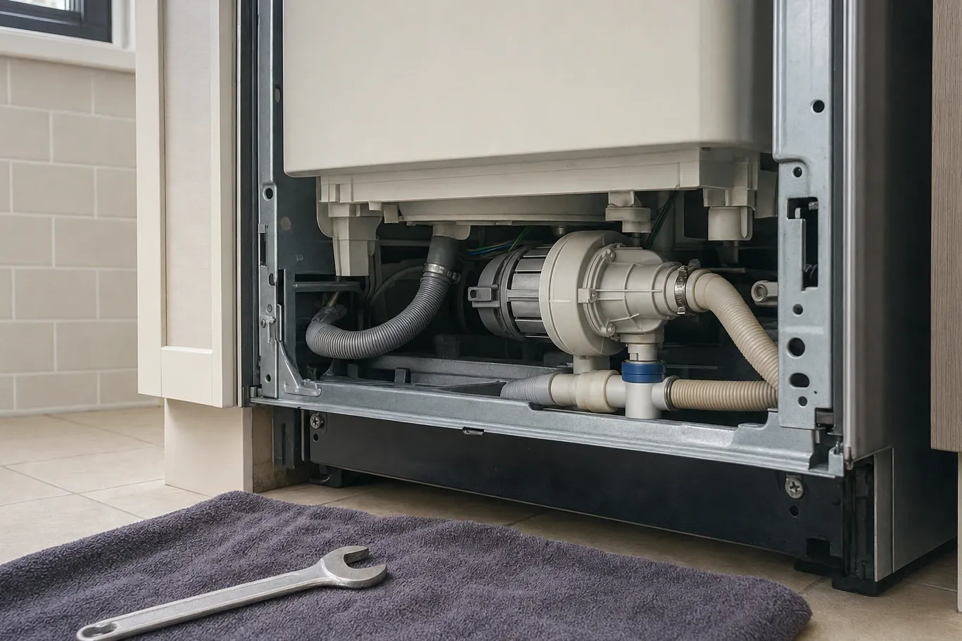 Dishwasher with its lower access panel removed, circulation pump, motor and drain hoses visible under the tub