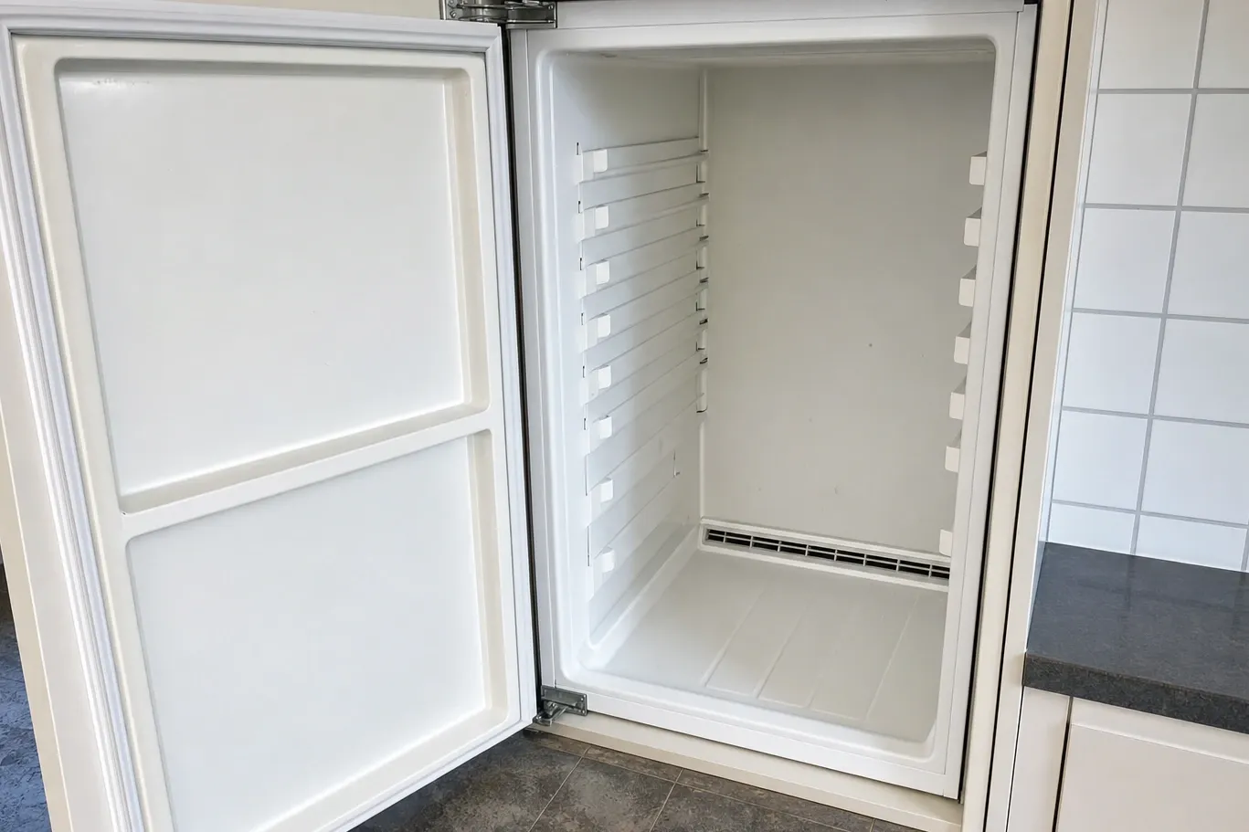 Emptied built-in refrigerator interior, door open on bare shelf rails and the vent grille at the base