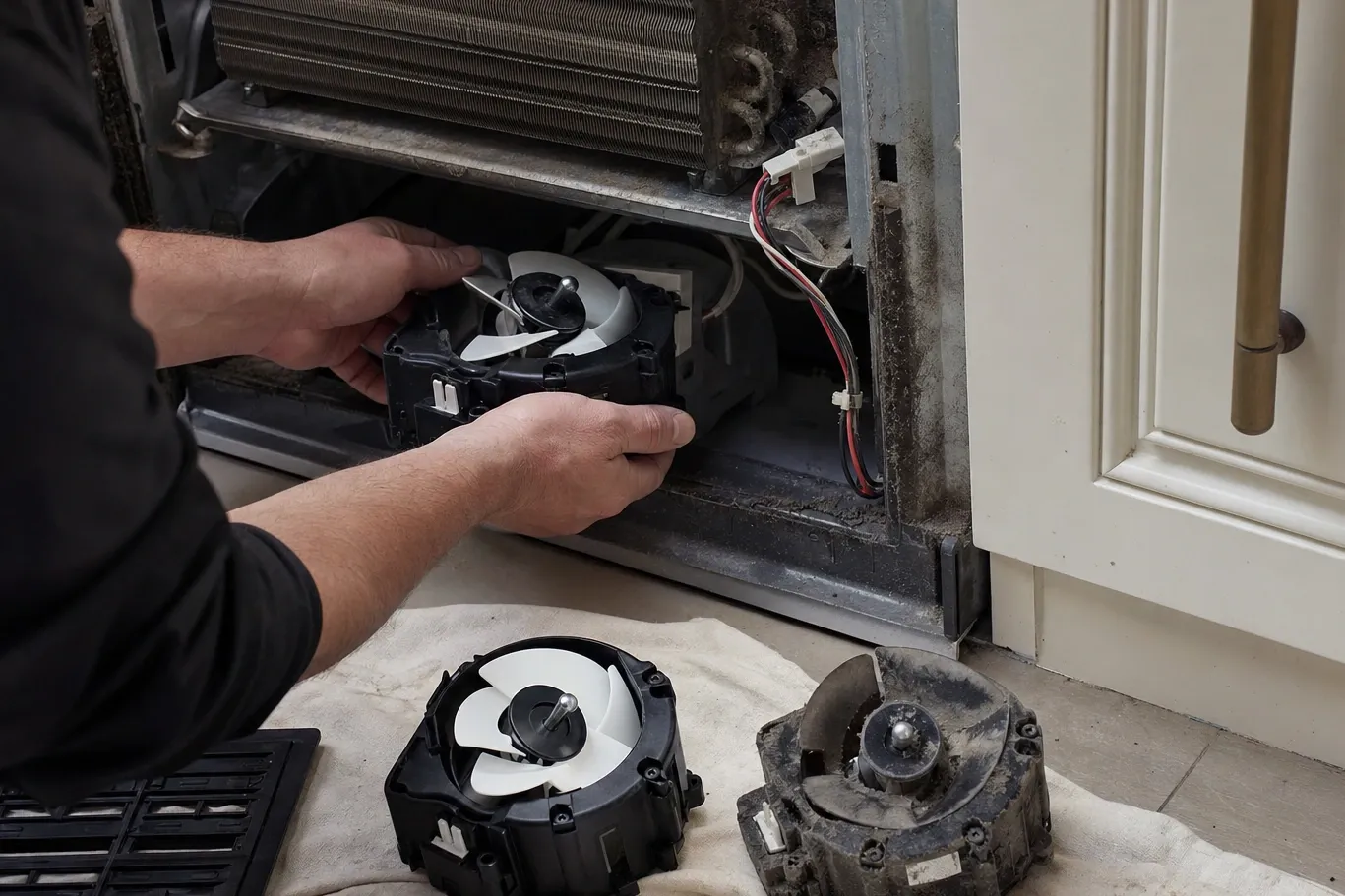 Hands lifting a condenser fan out of the base of a refrigerator, dust-packed coil above and the old motor on a cloth